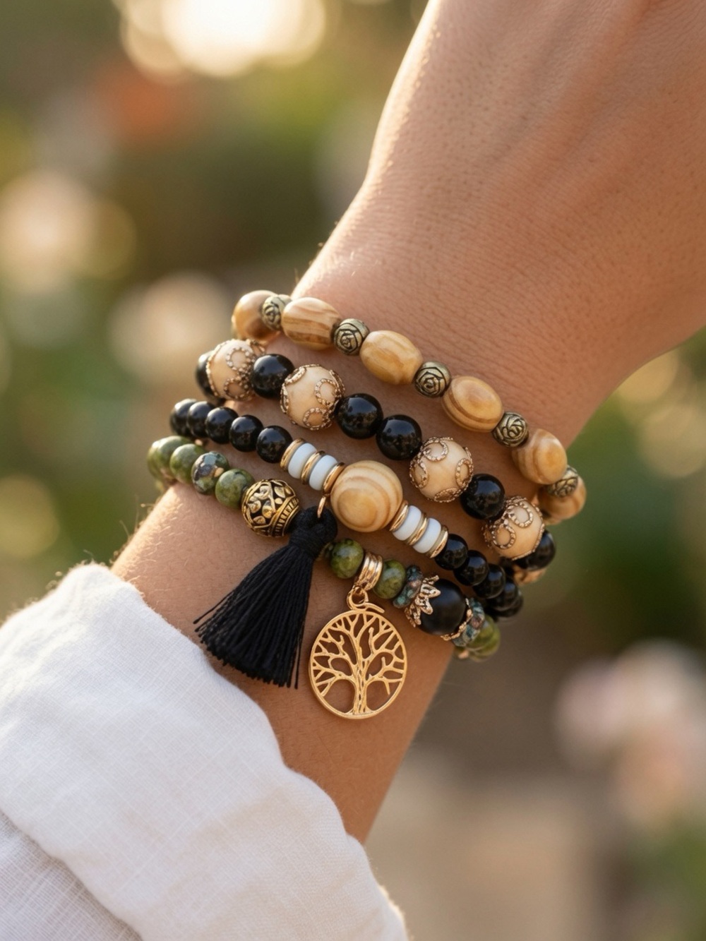 4pcs Stackable Layered Beaded Charm Bracelet Set in Black, Green & Gold